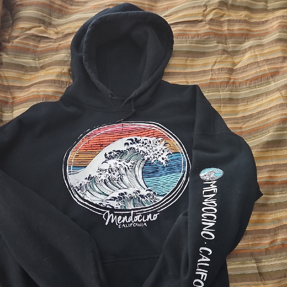 Mendocino Black Hoodie with Vibrant Wave Design